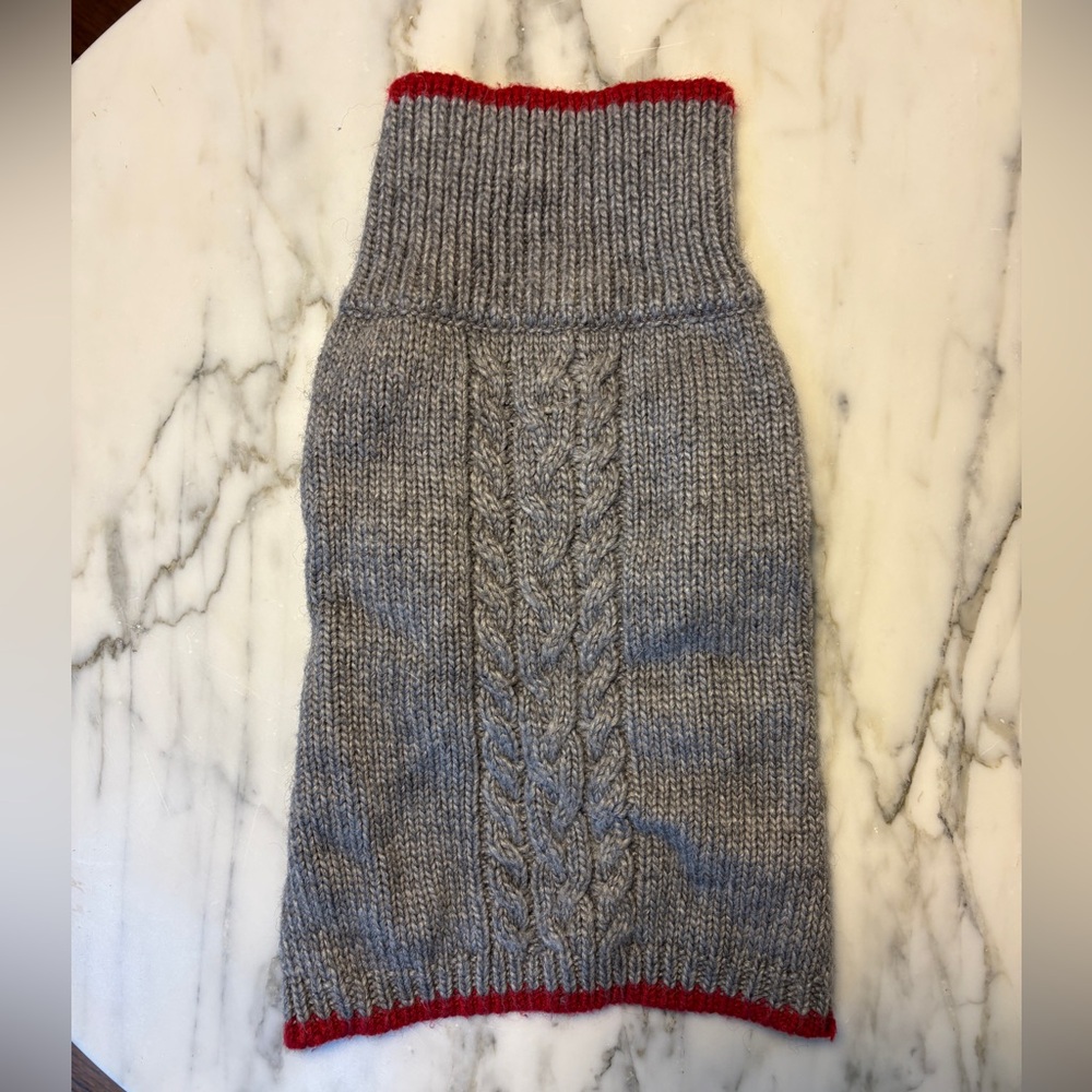 Cozy Gray Cable Knit Dog Sweater with Red Trim